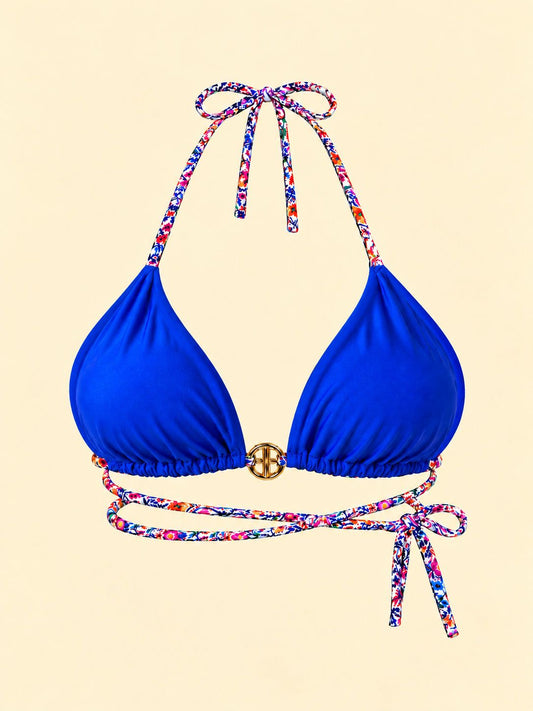 Cyan top with fully blue triangle cups and floral adjustable straps