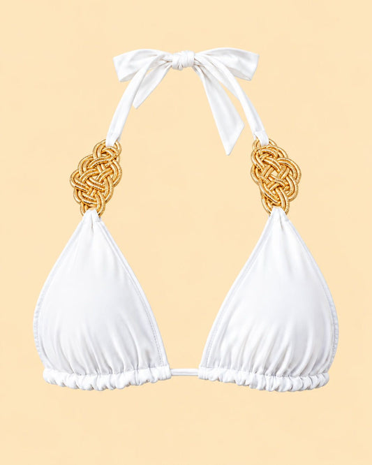 White reverse side of Floral bikini top with full neck bow and gold accents