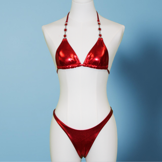Glamour Wave Metallic Red Bikini Swimsuit