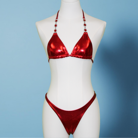 Glamour Wave Metallic Red Bikini Swimsuit
