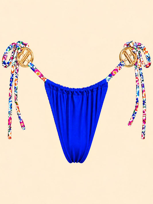 Cyan reversible side-tie bikini bottom, blue side with gold accents