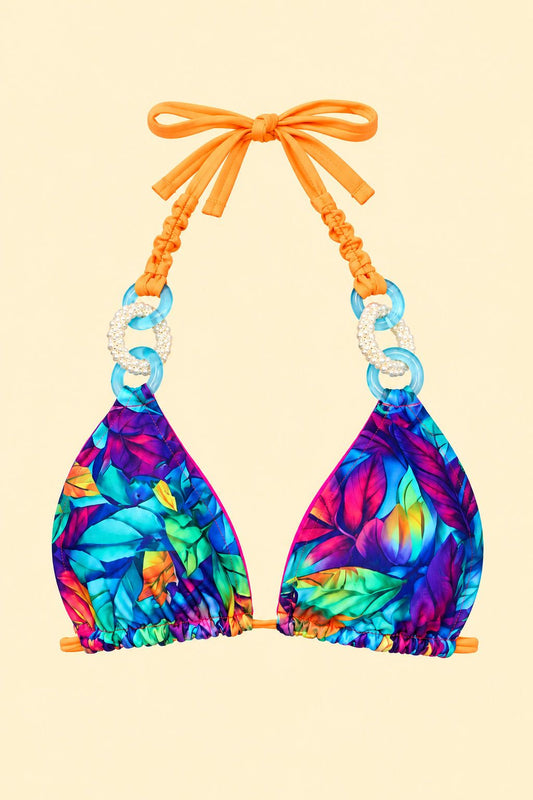 Tropical reversible bikini top with full orange halter straps