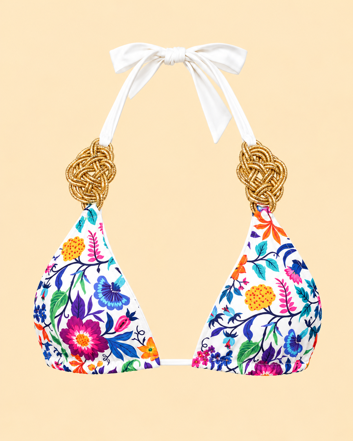Floral reversible bikini top with full neck bow and gold accents