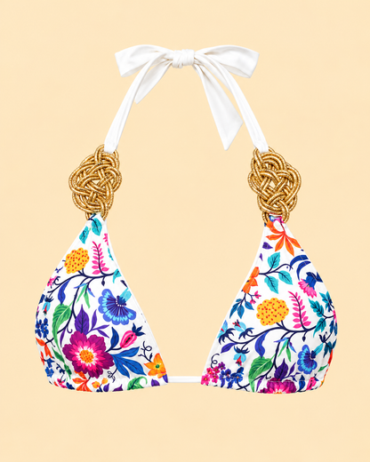 Floral reversible bikini top with full neck bow and gold accents