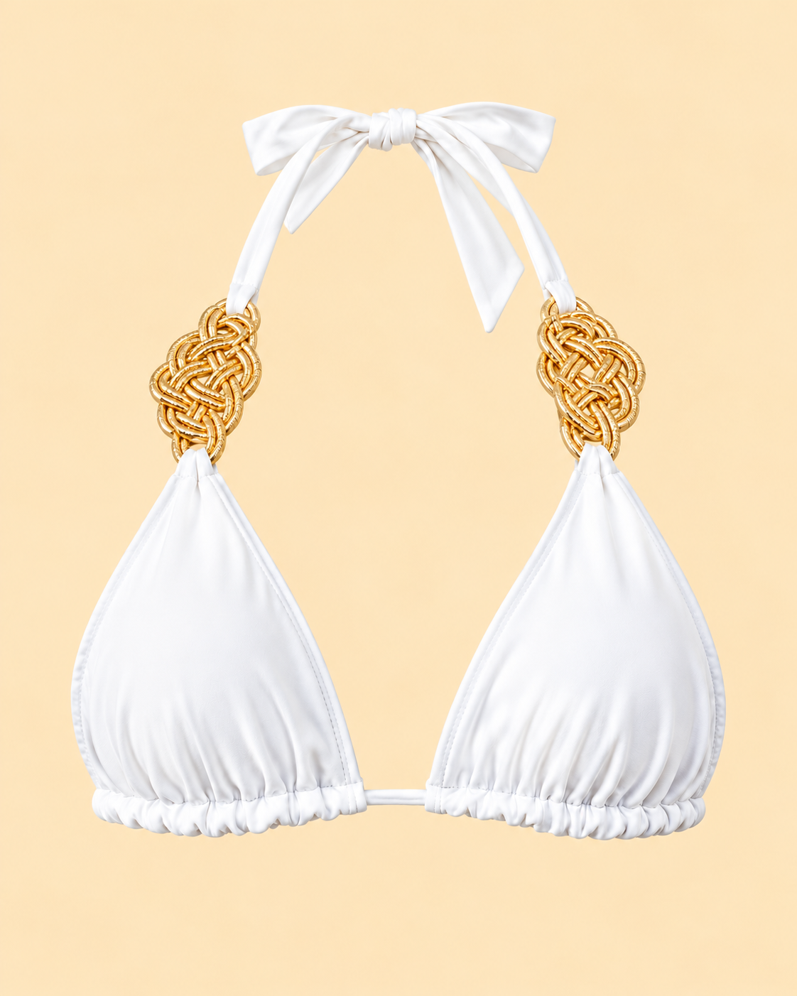 White reverse side of Floral bikini top with full neck bow and gold accents