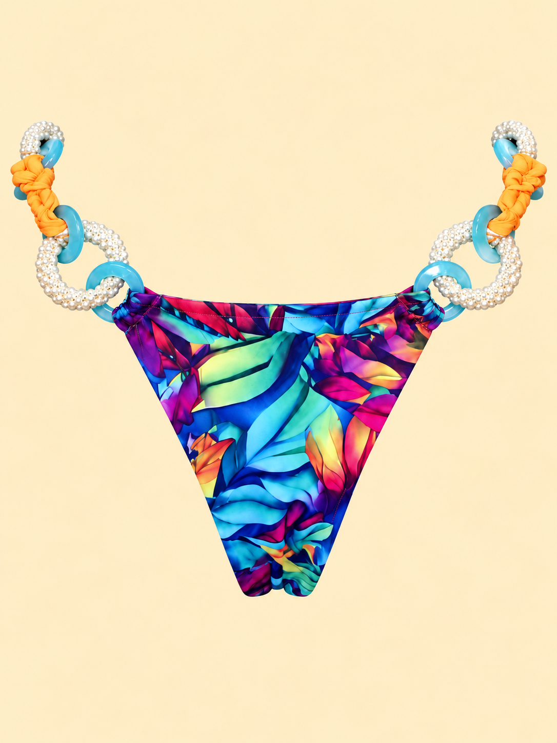 Fuchsia bottom tropical print with turquoise and pearl rings