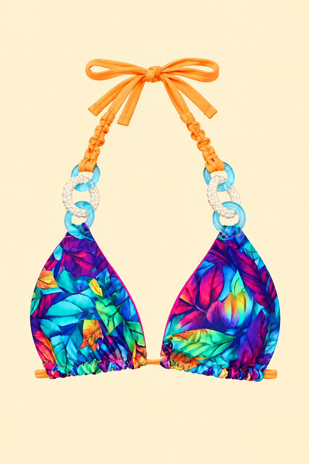 Tropical reversible bikini top with full orange halter straps