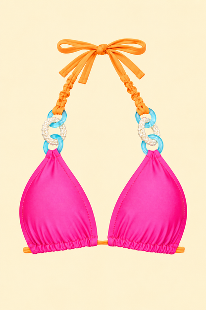 Solid fuchsia reverse bikini top with full orange halter straps
